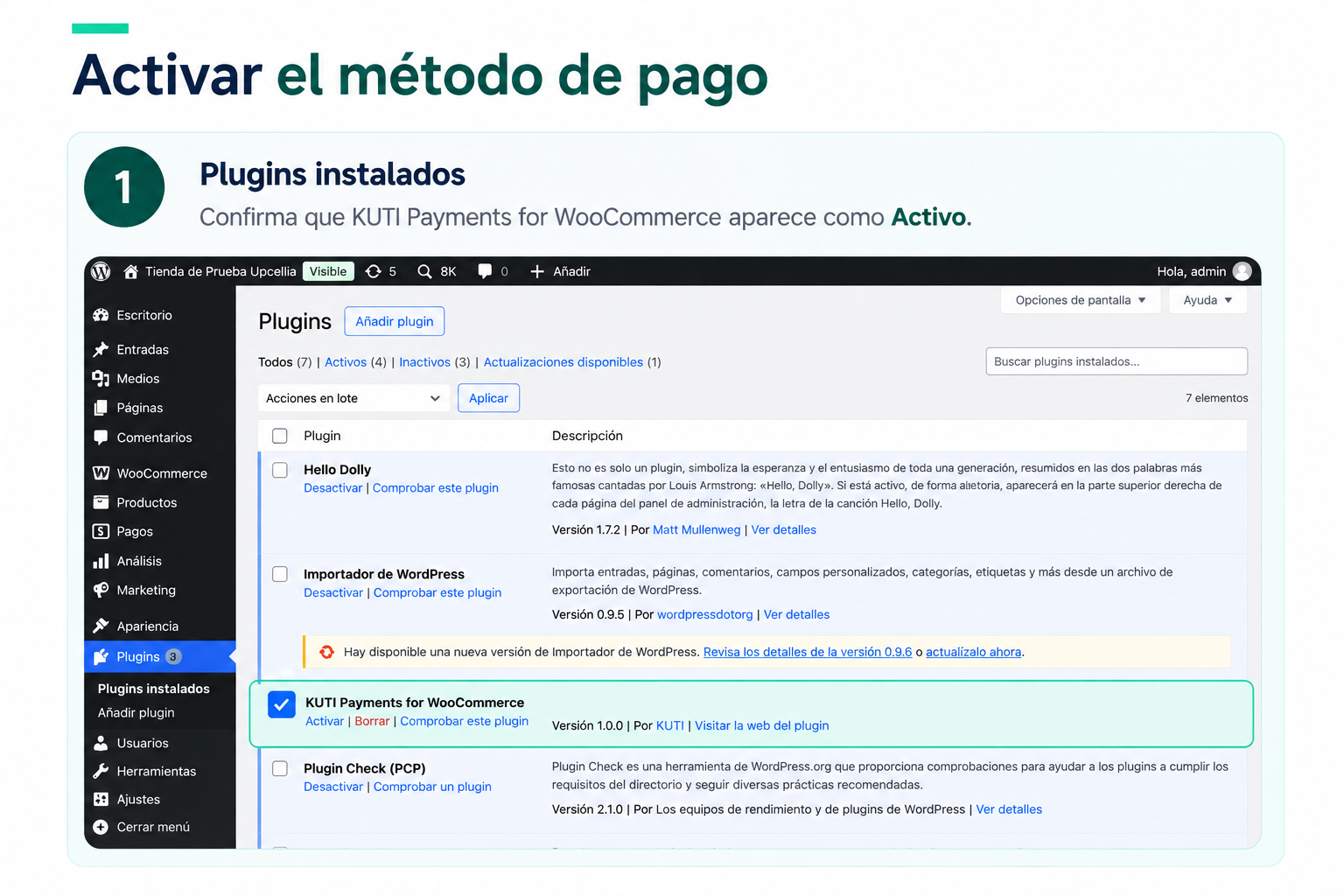 Activar plugin KUTI en WordPress