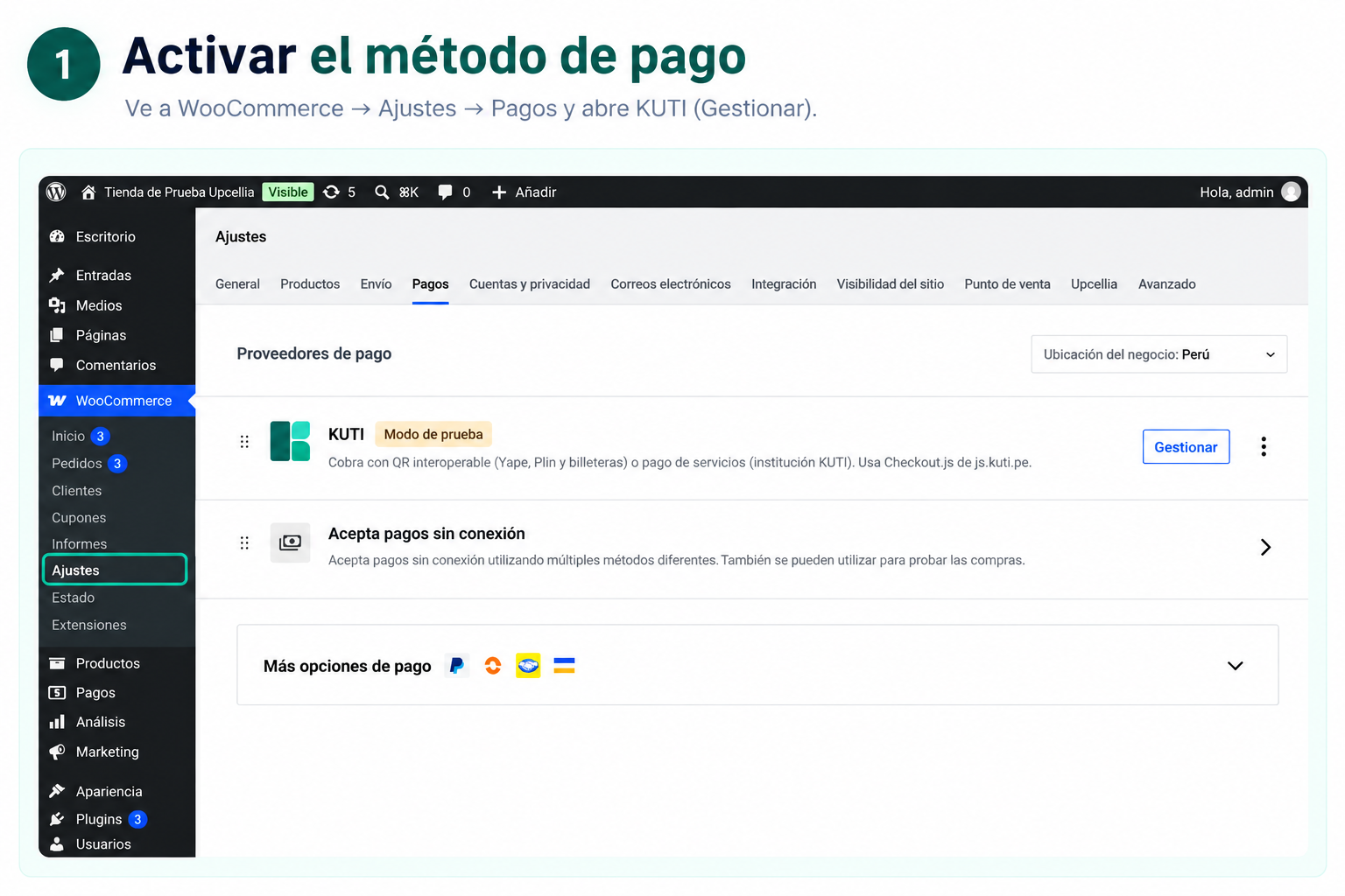 Ajustes del método de pago KUTI en WooCommerce