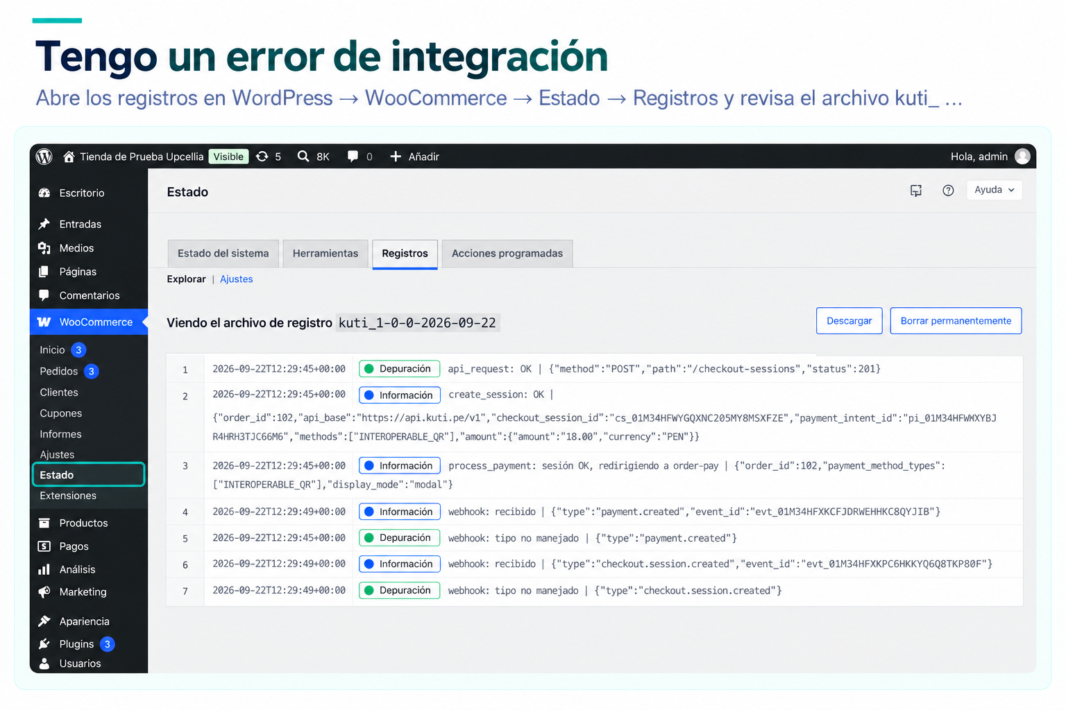 Registros de WooCommerce con log KUTI